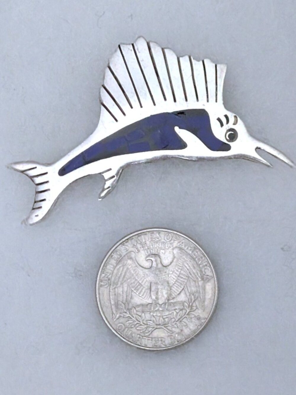 Vintage Mexico Sterling Silver 925 Blue Inlay Black Enamel Sailfish Brooch Pin